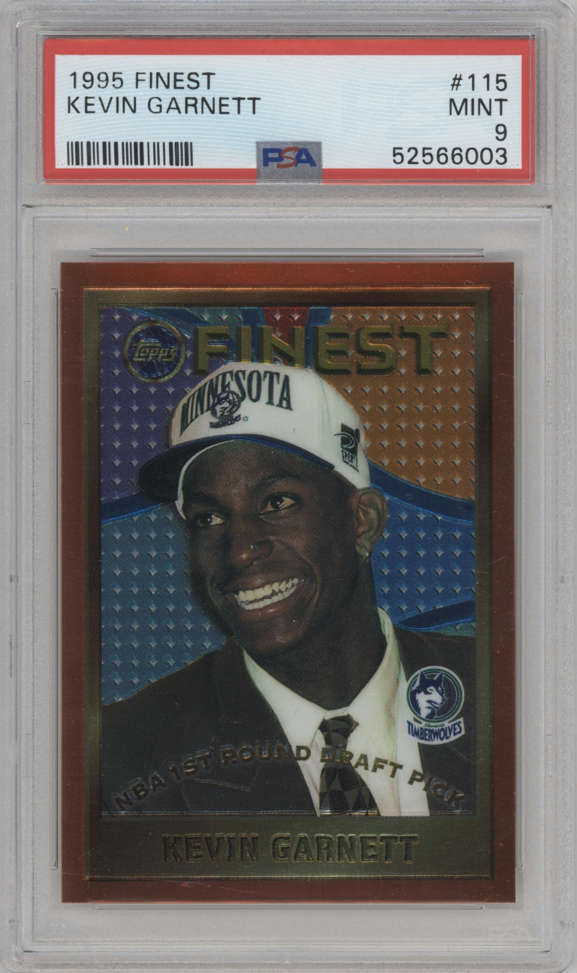 Kevin Garnett from the 1995-96 Topps Finest set graded by PSA and given an overall grade of 9.