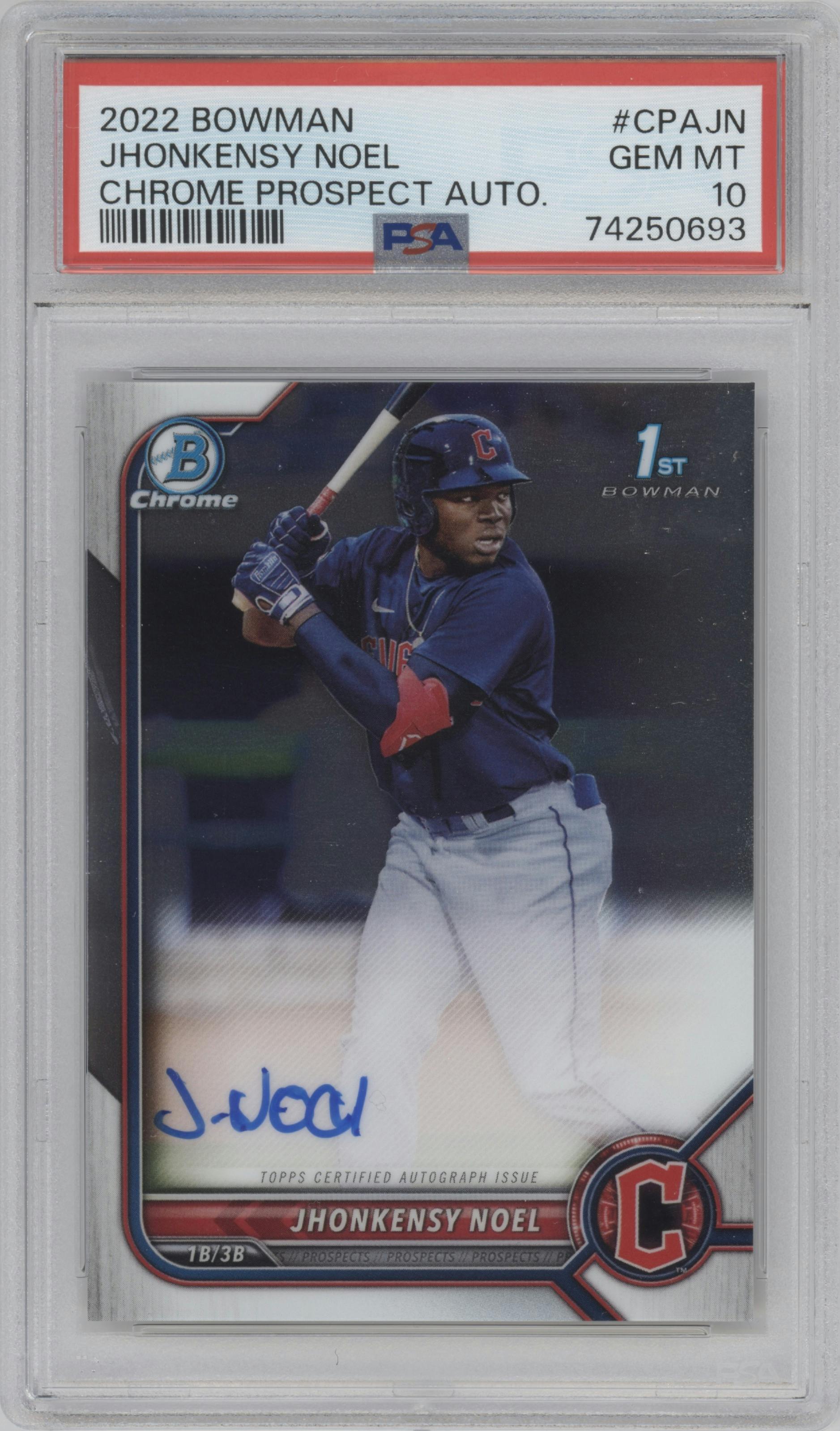 Jhonkensy Noel from the 2022 Bowman set graded by PSA and given an overall grade of 10.