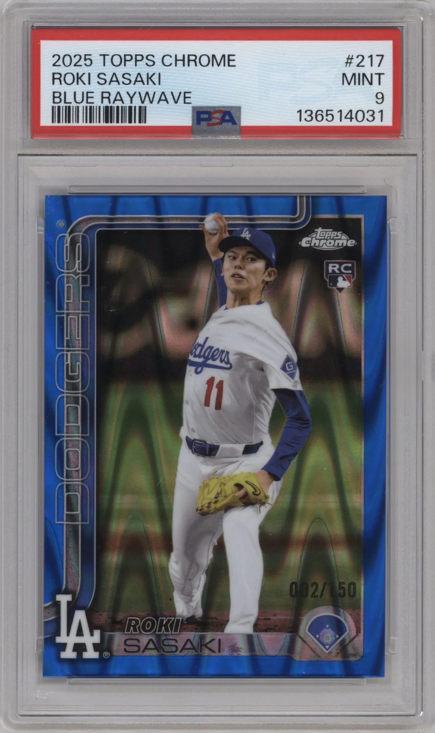 2025 Topps Chrome Roki Sasaki Blue Raywave Refractor #217 PSA 9