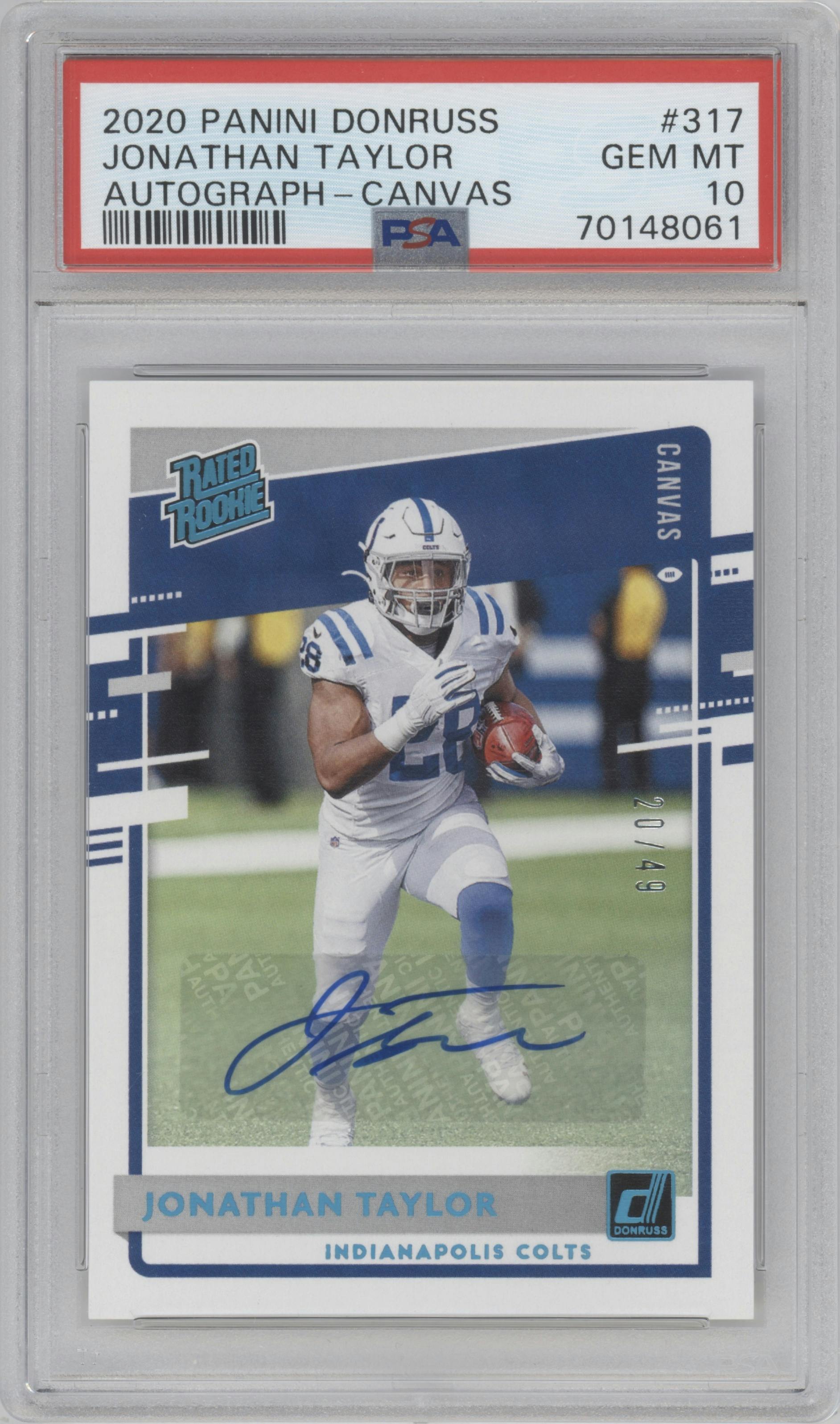 Jonathan Taylor from the 2020 Panini Donruss set featuring a Canvas parallel graded by PSA and given an overall grade of 10.
