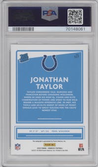 Jonathan Taylor from the 2020 Panini Donruss set featuring a Canvas parallel graded by PSA and given an overall grade of 10.