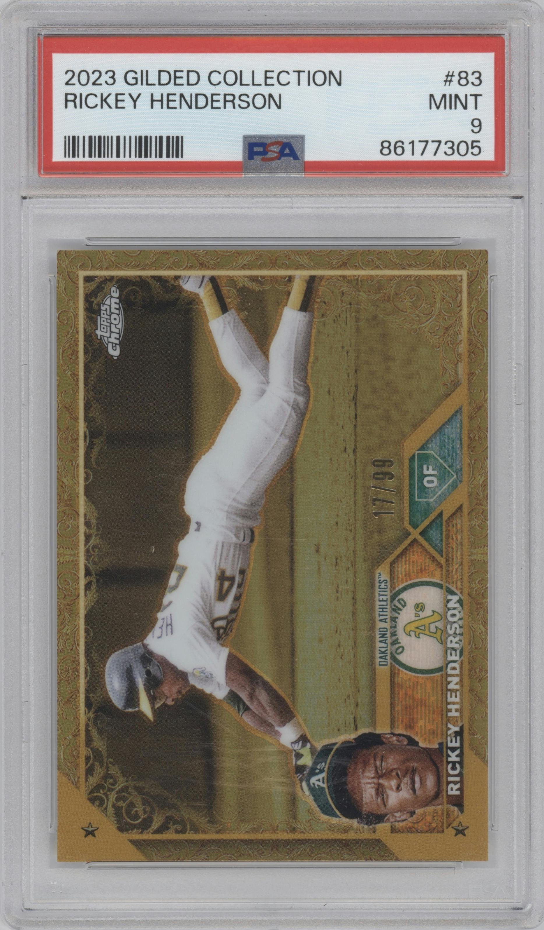 Rickey Henderson from the 2023 Topps Gilded Collection set graded by PSA and given an overall grade of 9.