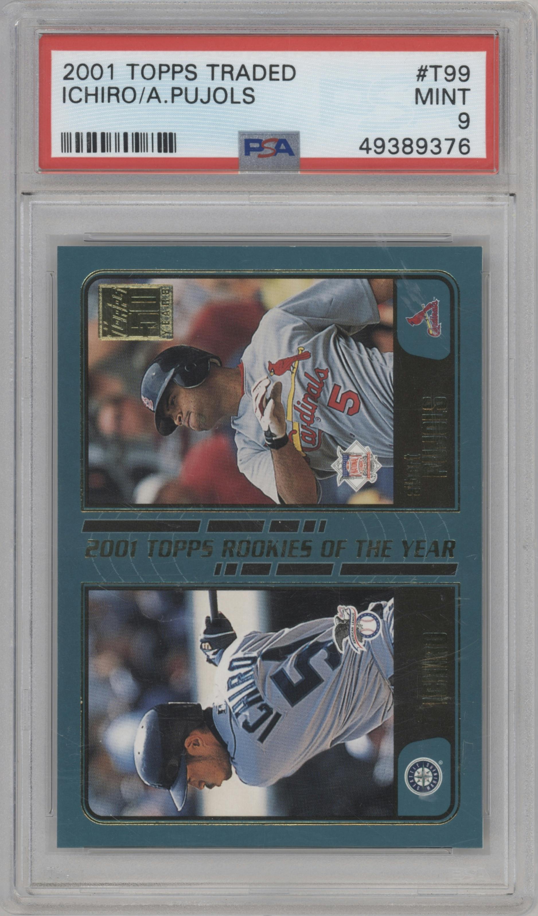 Ichiro Suzuki/Albert Pujols from the 2001 Topps Traded  set graded by PSA and given an overall grade of 9.