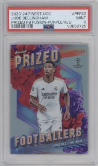 Jude Bellingham from the 2023-24 Topps Finest UEFA Club Competitions set featuring a Purple/Red Fusion parallel graded by PSA and given an overall grade of 9.