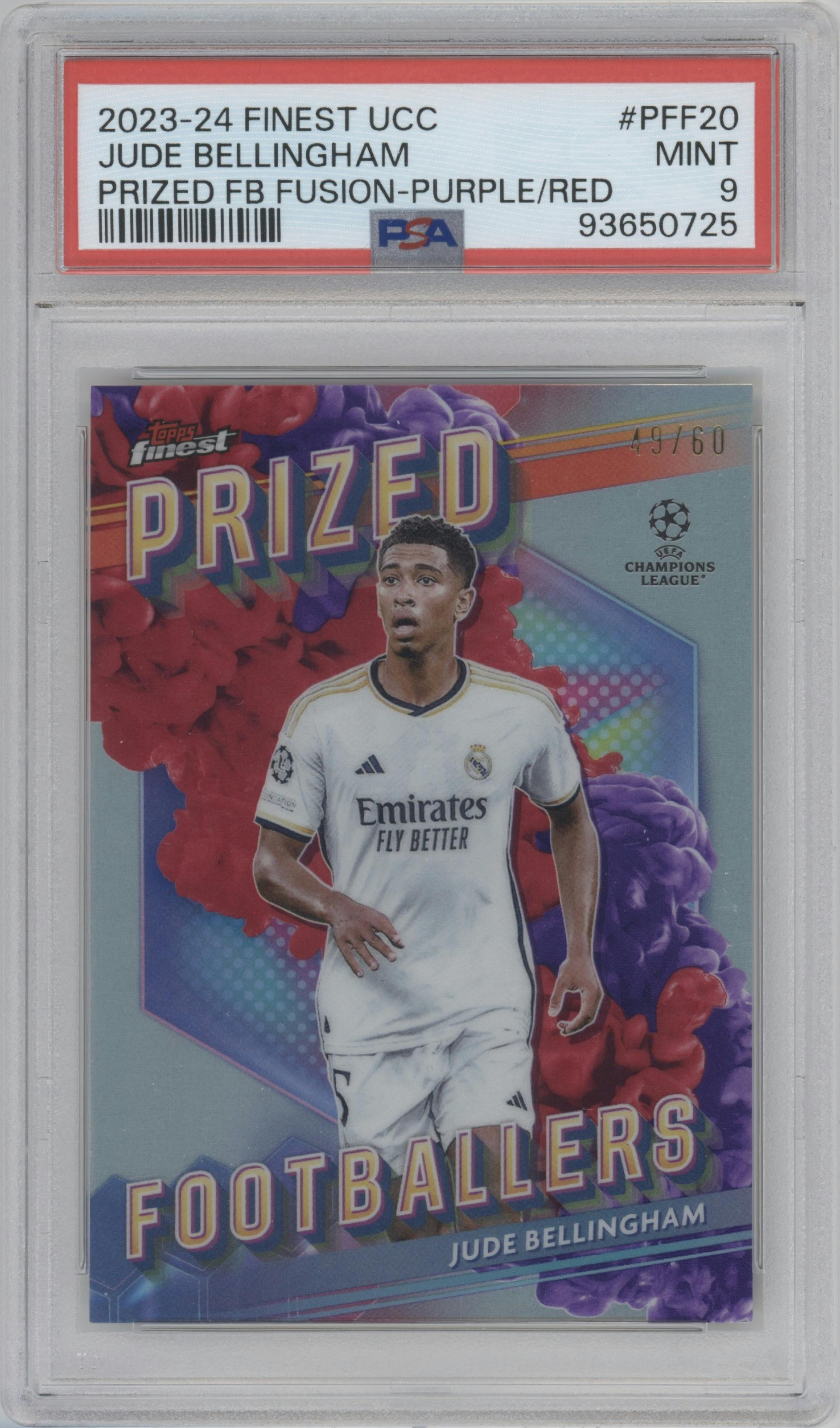 Jude Bellingham from the 2023-24 Topps Finest UEFA Club Competitions set featuring a Purple/Red Fusion parallel graded by PSA and given an overall grade of 9.