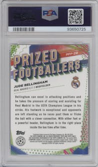 Jude Bellingham from the 2023-24 Topps Finest UEFA Club Competitions set featuring a Purple/Red Fusion parallel graded by PSA and given an overall grade of 9.