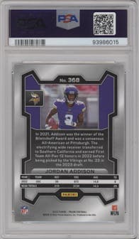 Jordan Addison from the 2023 Panini Prizm set graded by PSA and given an overall grade of 10.