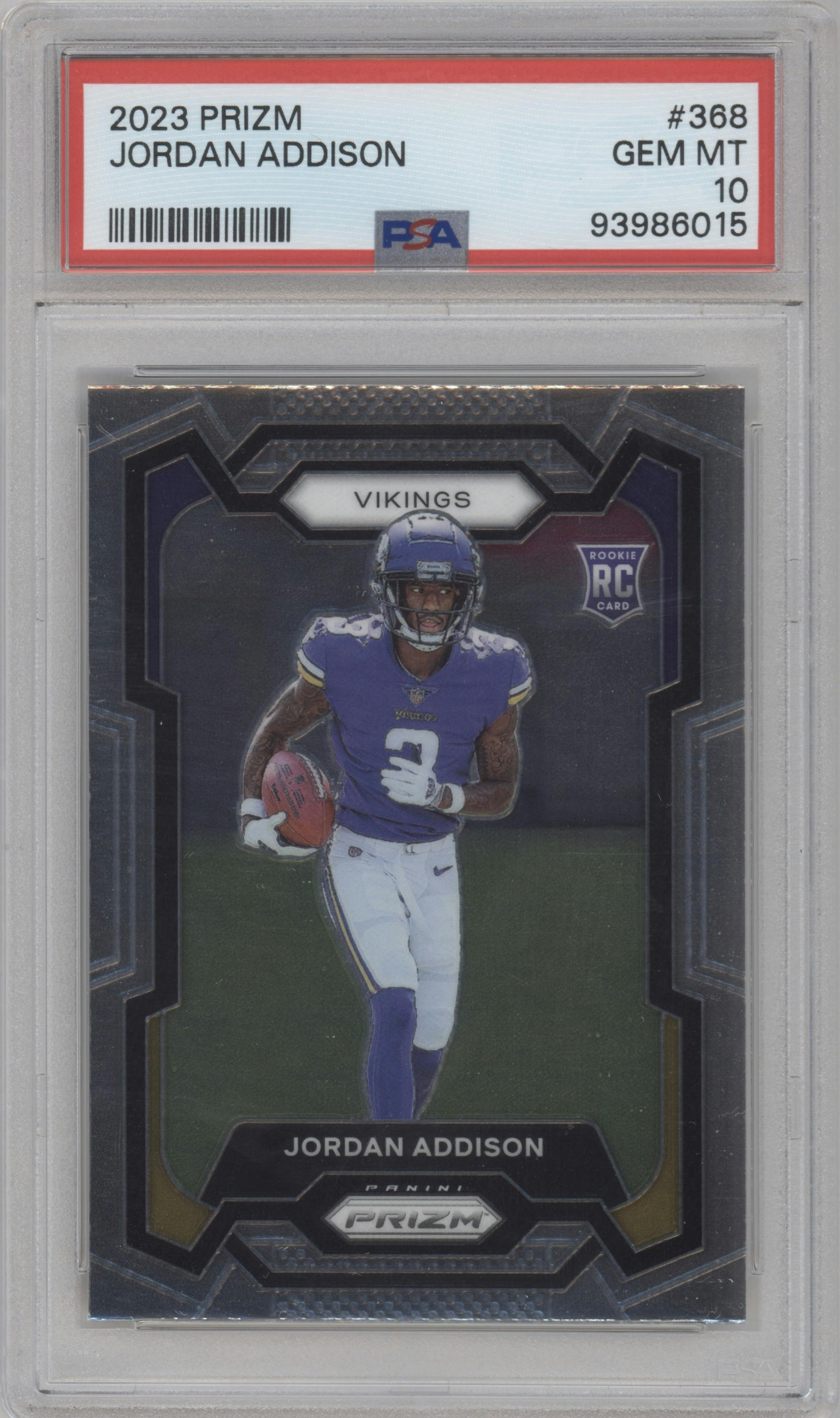 Jordan Addison from the 2023 Panini Prizm set graded by PSA and given an overall grade of 10.
