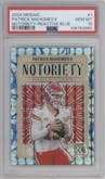 Patrick Mahomes II from the 2024 Panini Mosaic set featuring a Reactive Blue parallel graded by PSA and given an overall grade of 10.