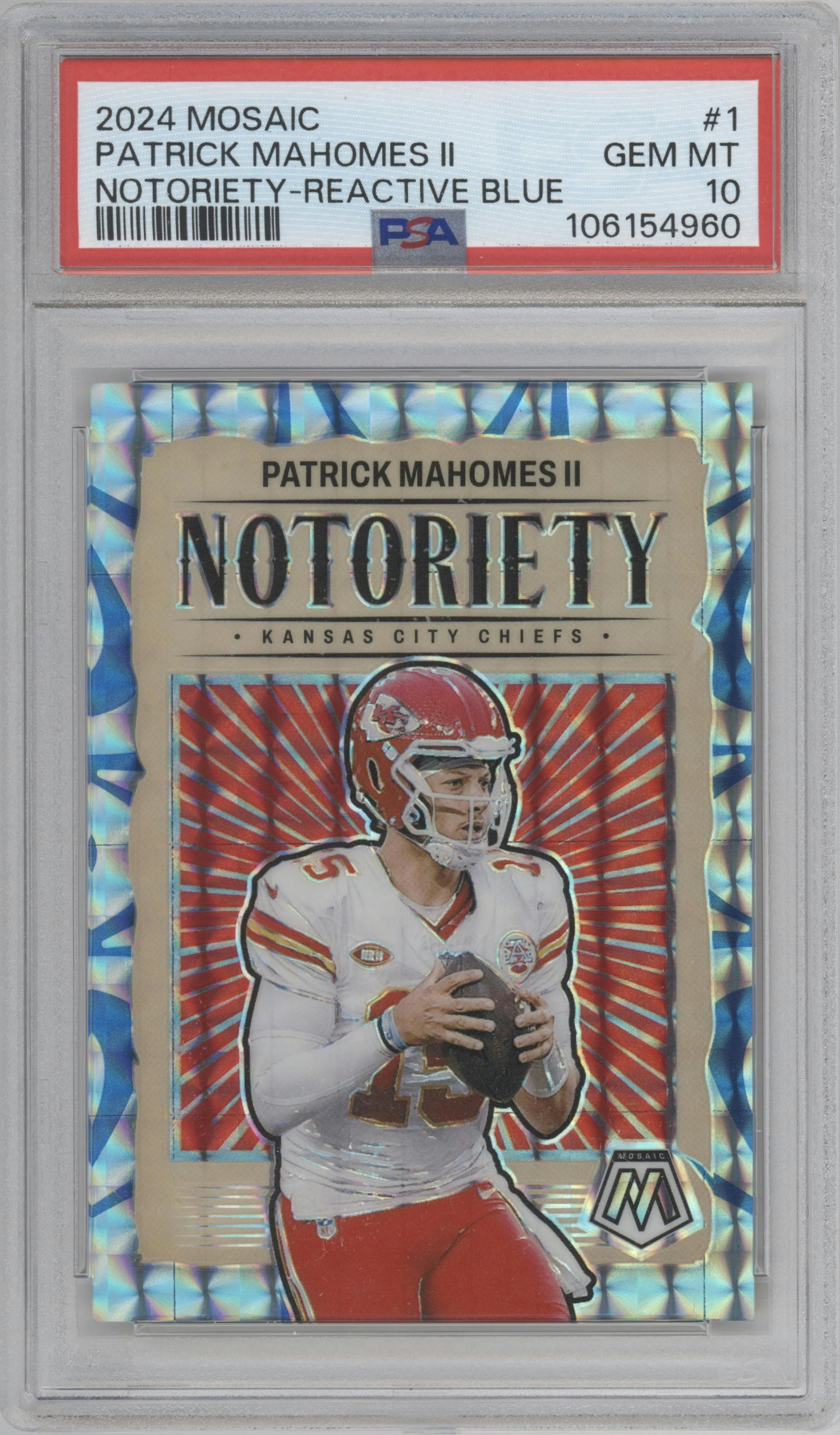 Patrick Mahomes II from the 2024 Panini Mosaic set featuring a Reactive Blue parallel graded by PSA and given an overall grade of 10.