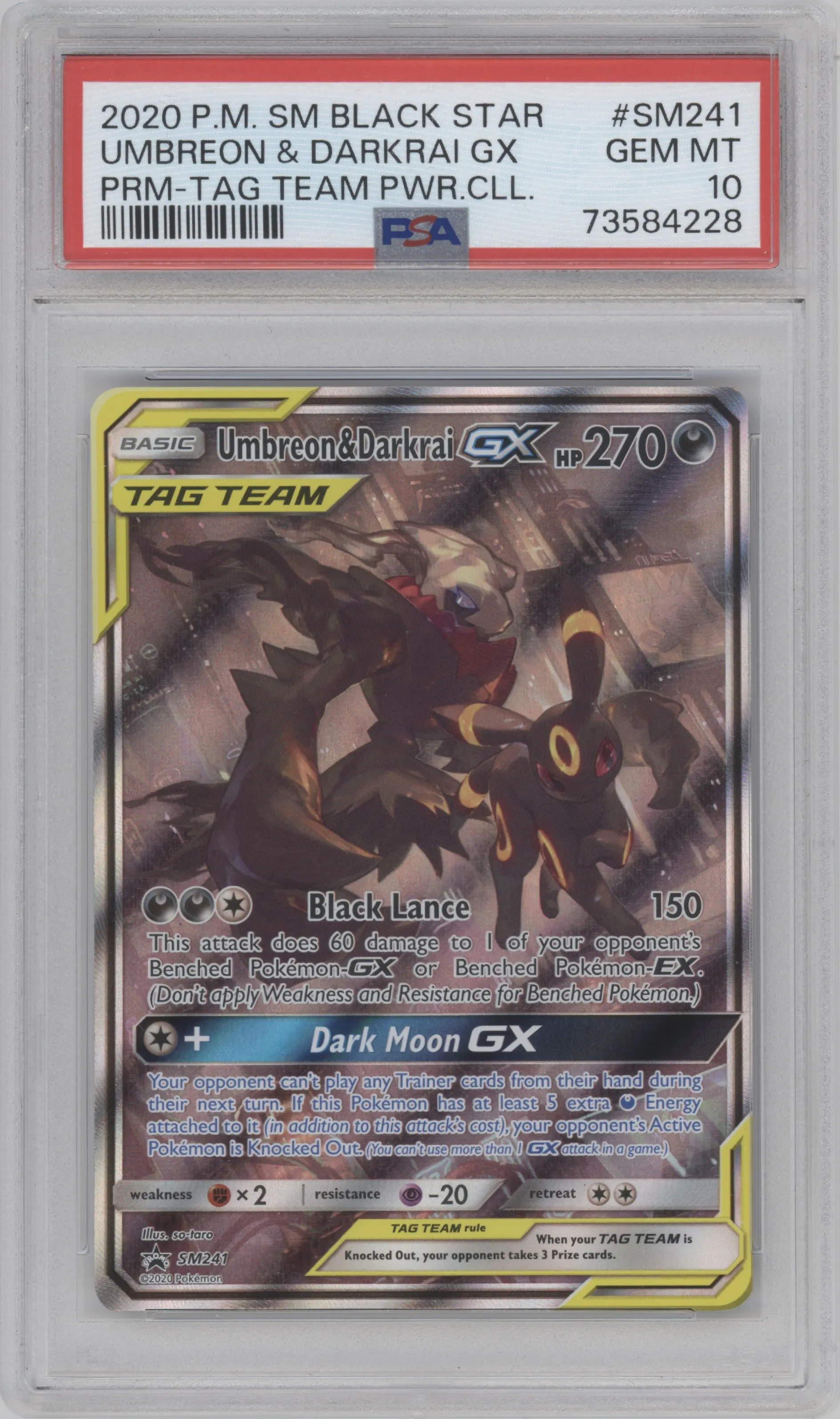 Umbreon/Darkrai GX from the 2020 Pokemon S&M set featuring a Tag Team Powers Collection parallel graded by PSA and given an overall grade of 10.