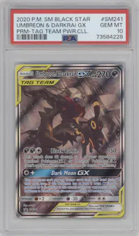 Umbreon/Darkrai GX from the 2020 Pokemon S&M set featuring a Tag Team Powers Collection parallel graded by PSA and given an overall grade of 10.