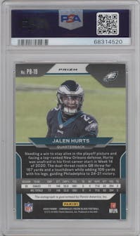 Jalen Hurts from the 2020 Panini Chronicles set graded by PSA and given an overall grade of 9.