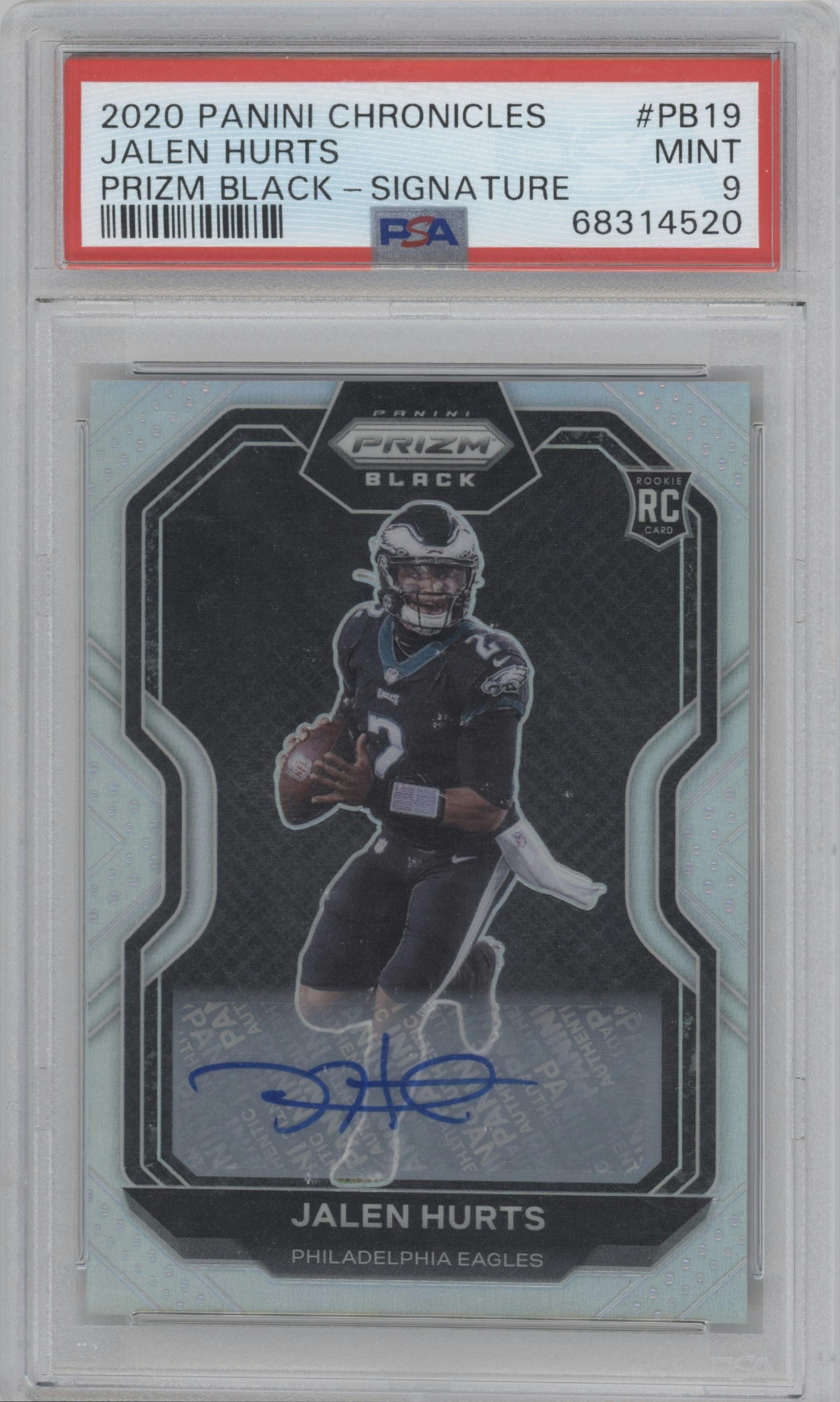 Jalen Hurts from the 2020 Panini Chronicles set graded by PSA and given an overall grade of 9.