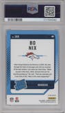 Bo Nix from the 2024 Donruss set featuring a Red and Green parallel graded by PSA and given an overall grade of 10.