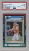 Bo Nix from the 2024 Donruss set featuring a Red and Green parallel graded by PSA and given an overall grade of 10.