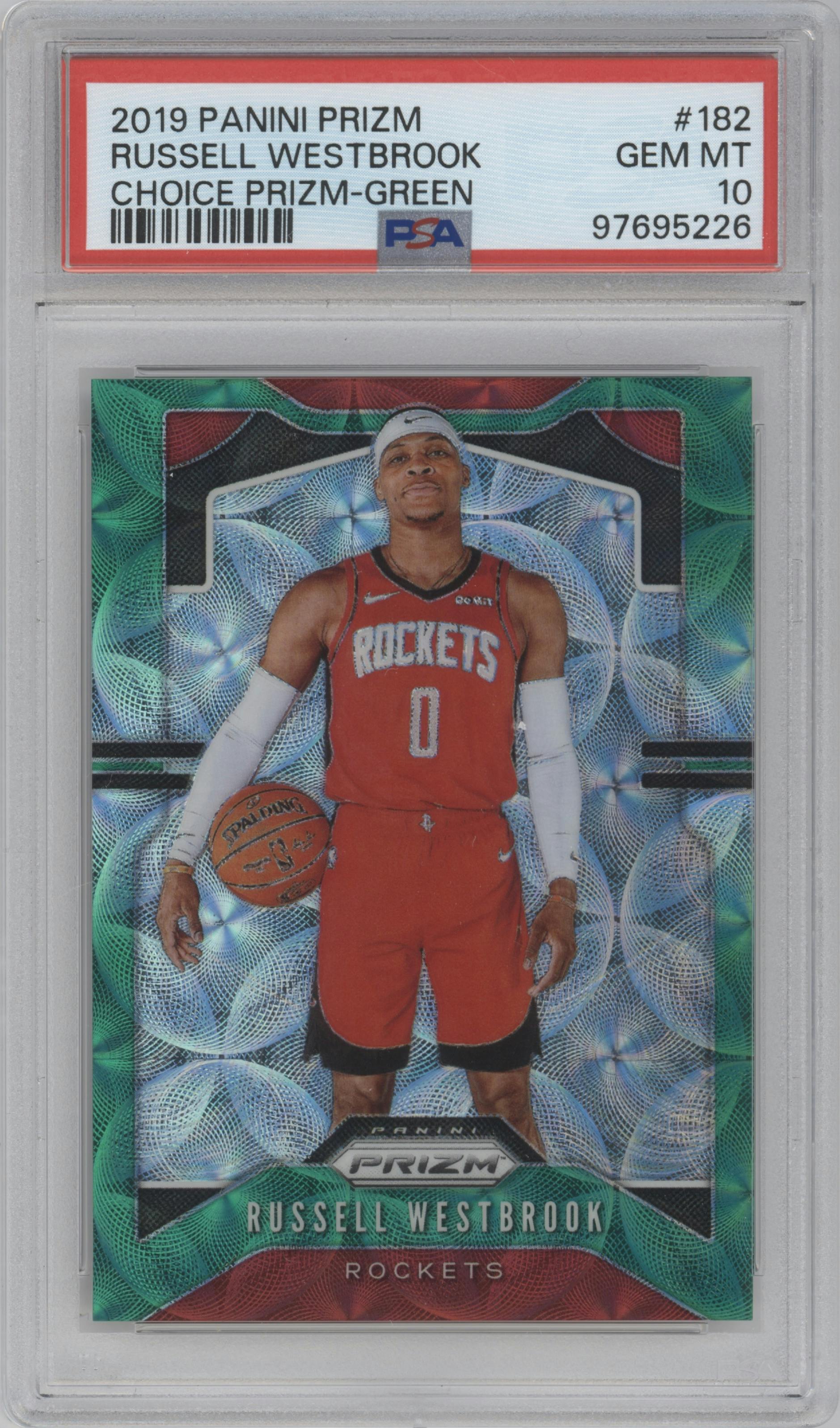 Russell Westbrook from the 2019-20 Panini Prizm set featuring a Choice Green  parallel graded by PSA and given an overall grade of 10.