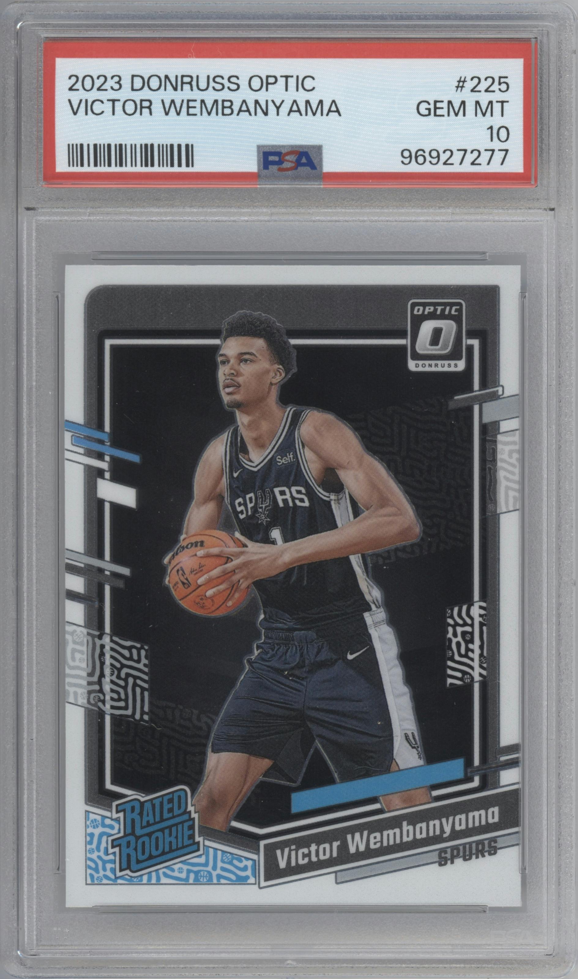 Victor Wembanyama from the 2023-24 Donruss Optic set graded by PSA and given an overall grade of 10.