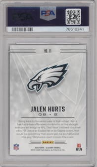 Jalen Hurts from the 2020 Panini Illusions set featuring a Retail parallel graded by PSA and given an overall grade of 9.