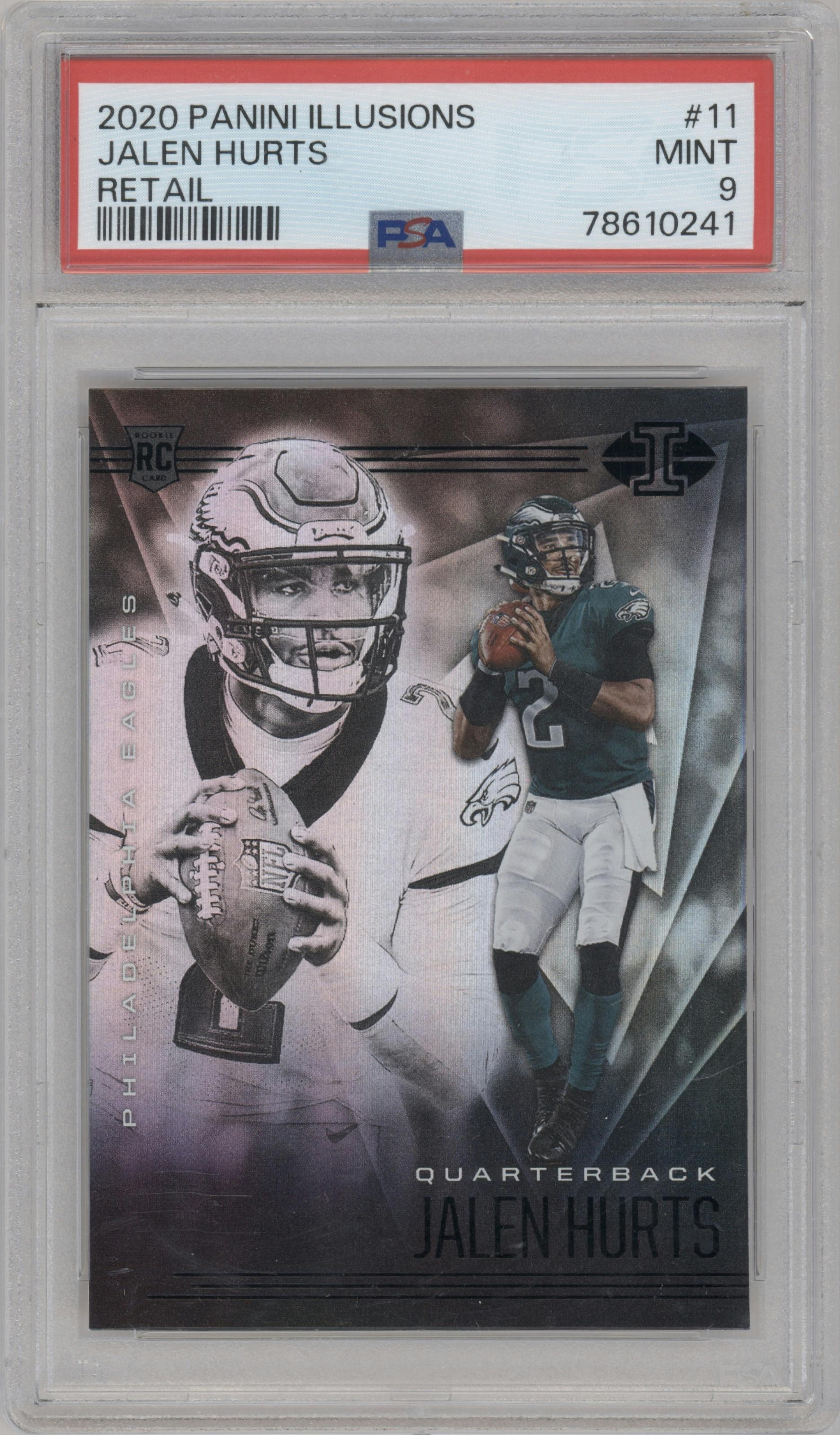 Jalen Hurts from the 2020 Panini Illusions set featuring a Retail parallel graded by PSA and given an overall grade of 9.