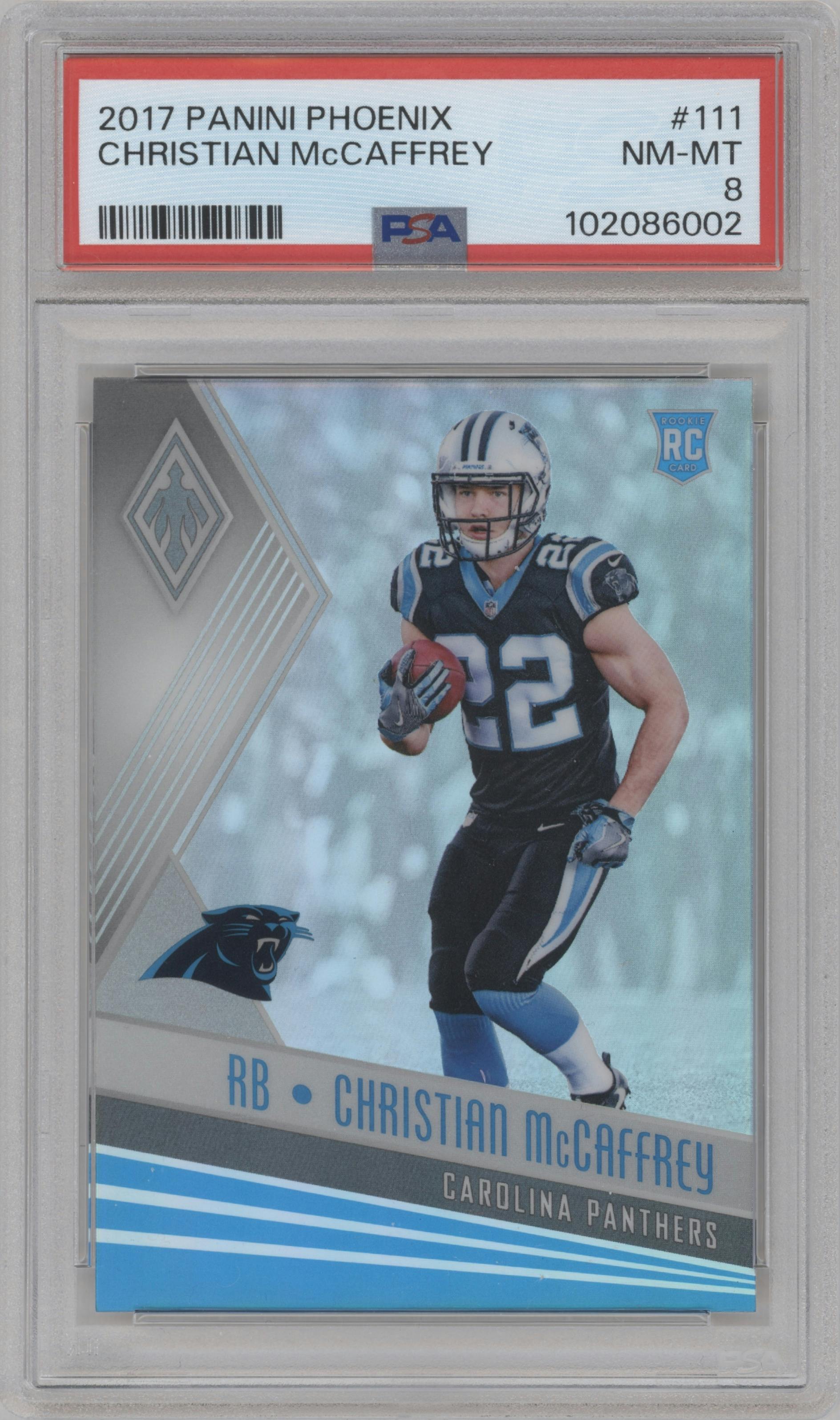 Christian McCaffrey from the 2017 Panini Phoenix set graded by PSA and given an overall grade of 8.