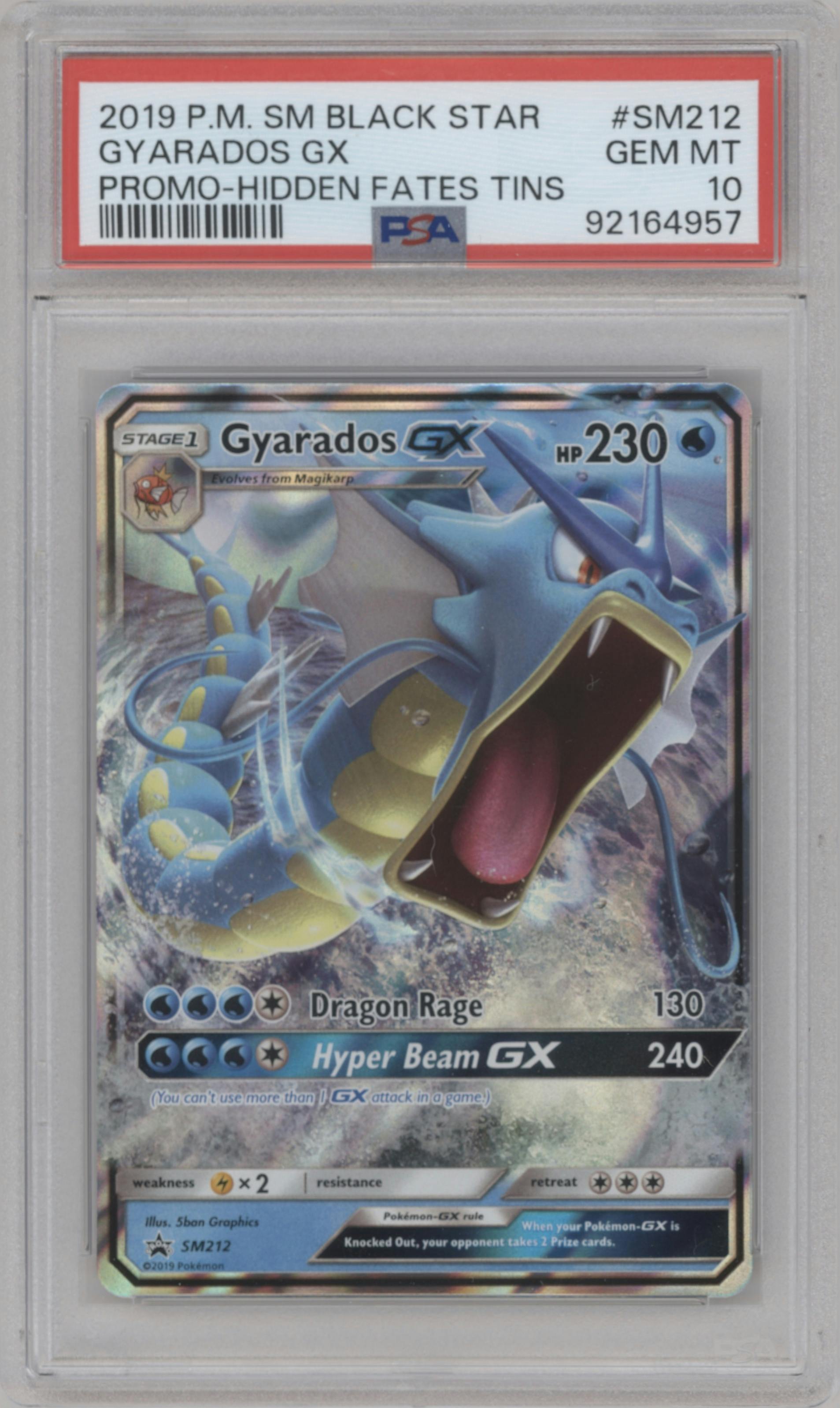 Gyarados GX  from the 2019 Pokemon S&M  set featuring a Hidden Fates Tins parallel graded by PSA and given an overall grade of 10.