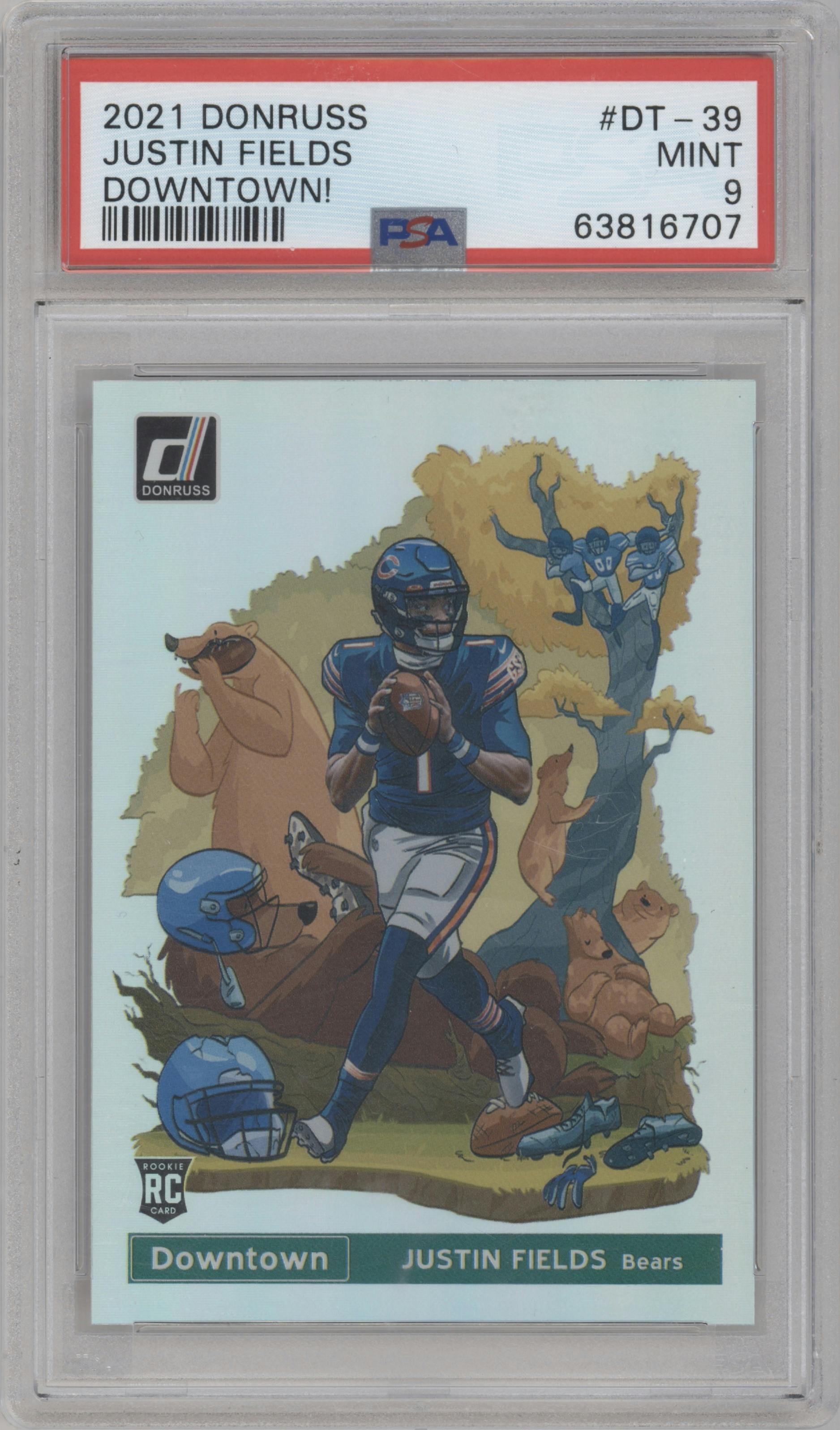 Justin Fields from the 2021 Panini Donruss set graded by PSA and given an overall grade of 9.
