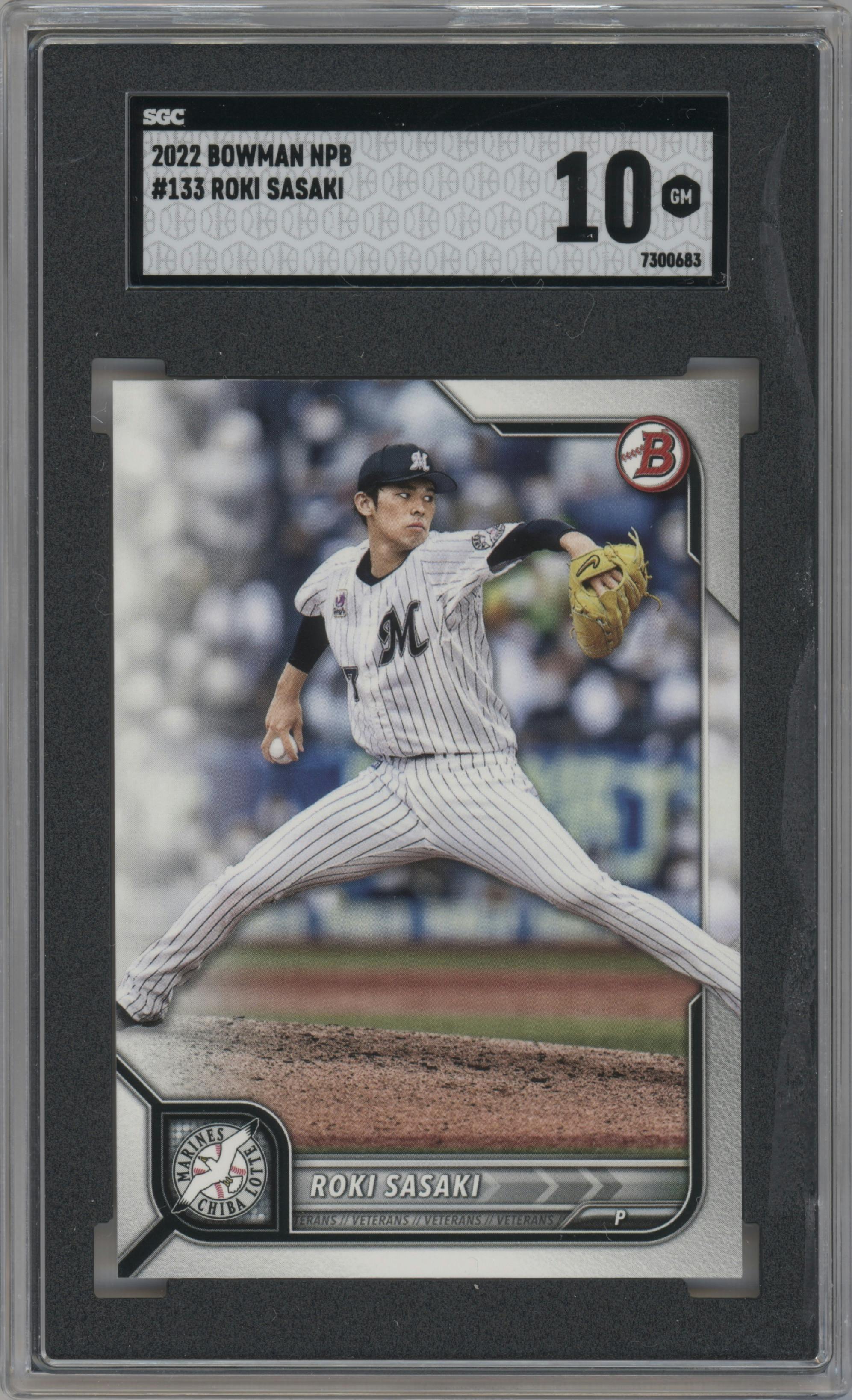 Roki Sasaki from the 2022 Bowman Nippon Professional Baseball set graded by SGC and given an overall grade of 10.
