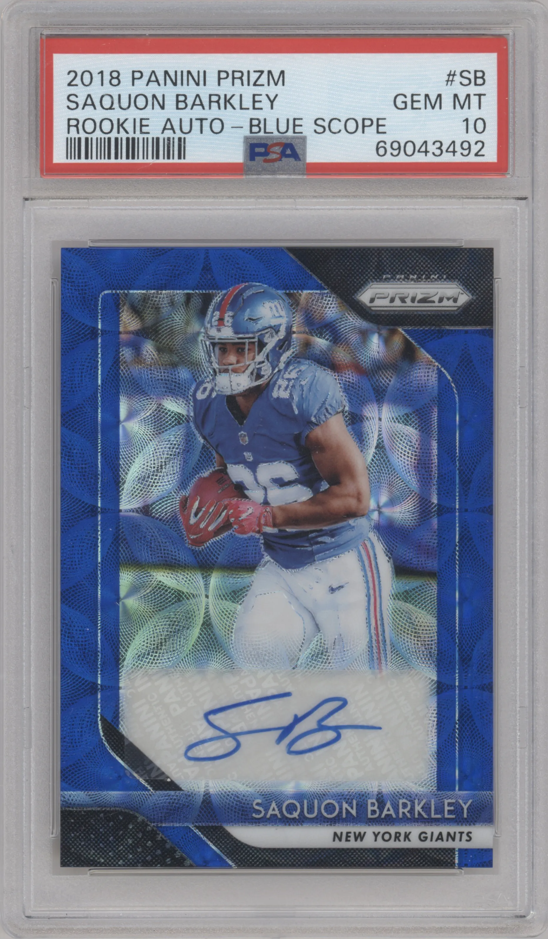 2018 Panini Prizm Rke.Auto Saquon Barkley Blue Scope #RA-SB PSA 10