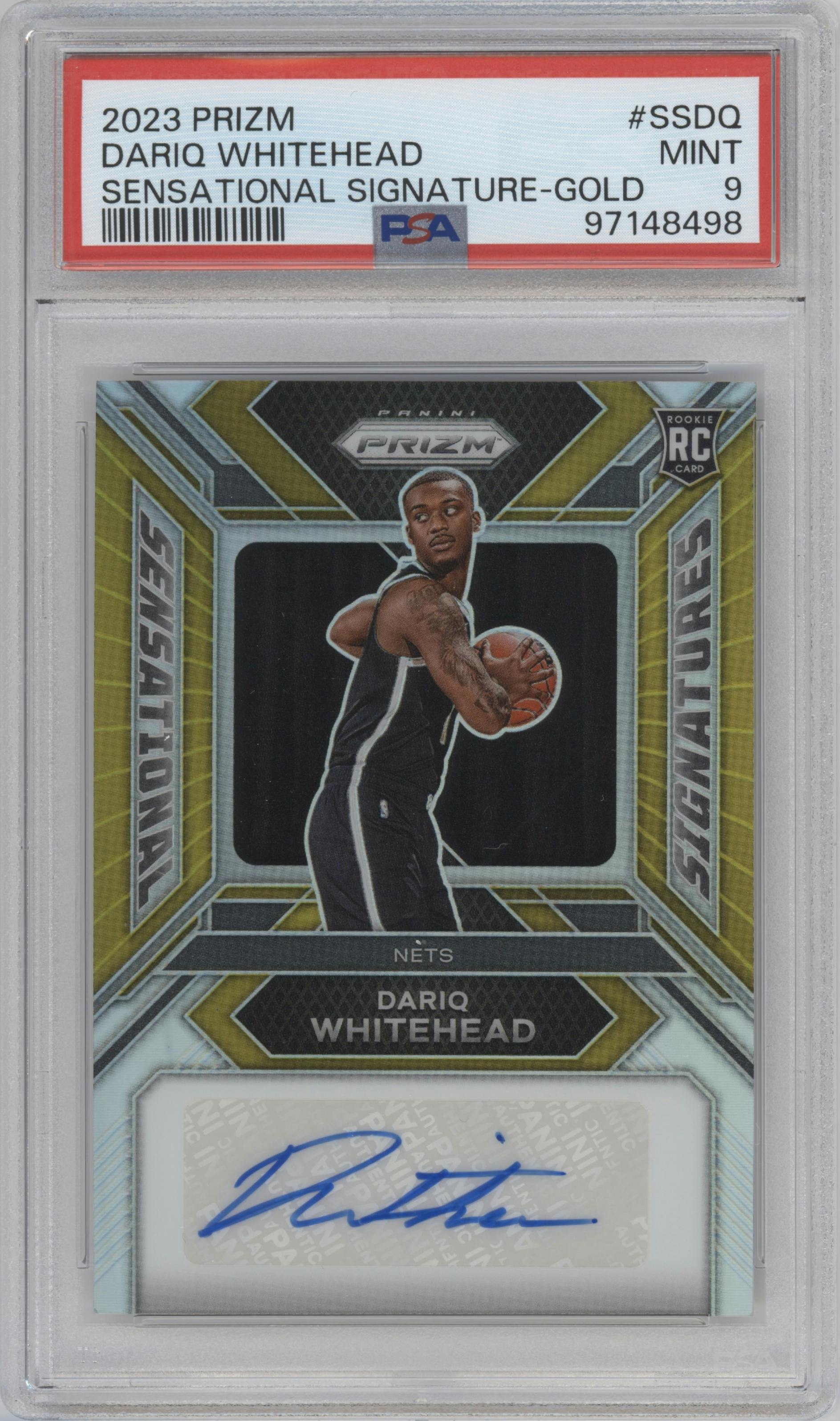Dariq Whitehead  from the 2023-24 Panini Prizm set featuring a Gold Prizm parallel graded by PSA and given an overall grade of 9.