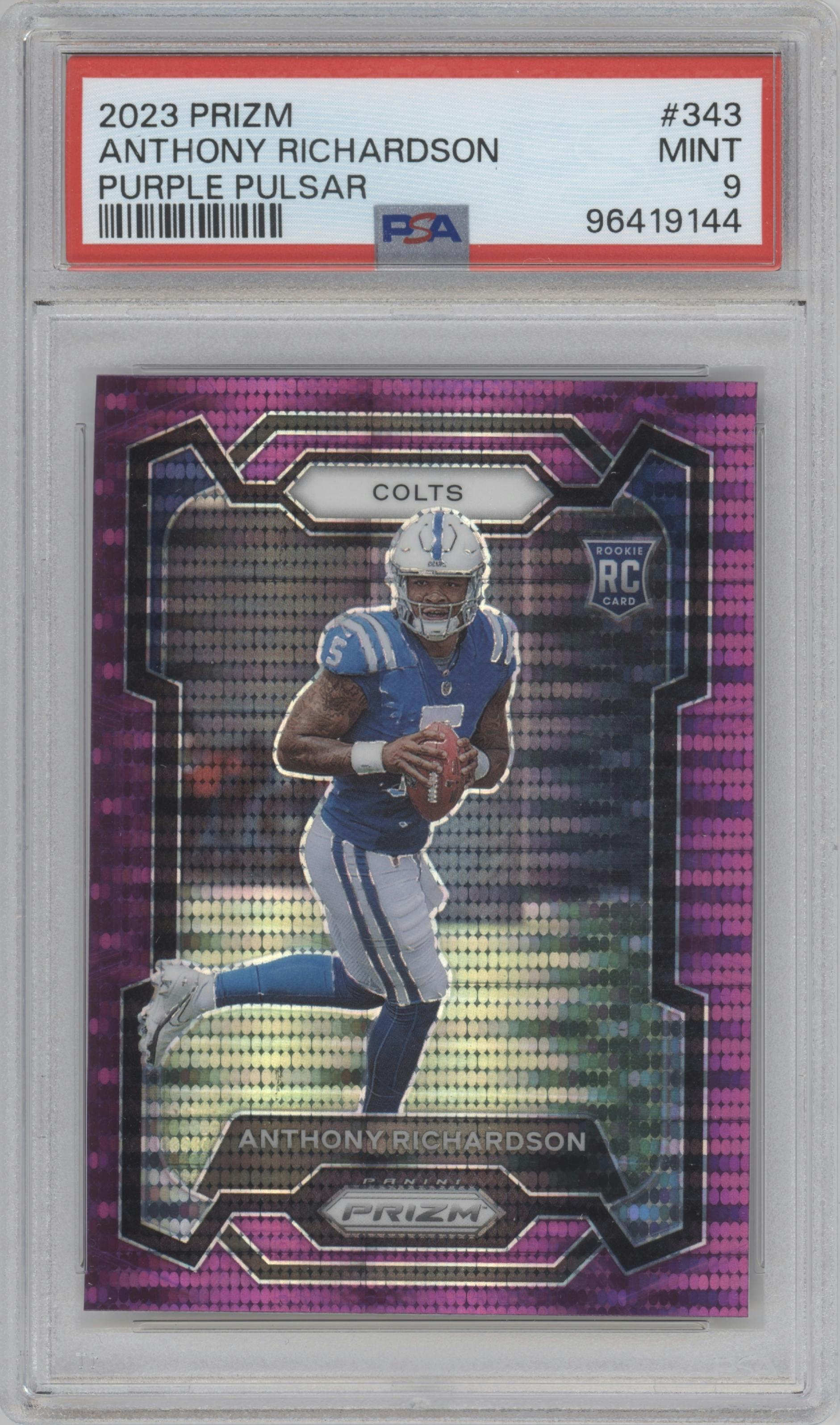 Anthony Richardson from the 2023 Panini Prizm set featuring a Purple Pulsar parallel graded by PSA and given an overall grade of 9.