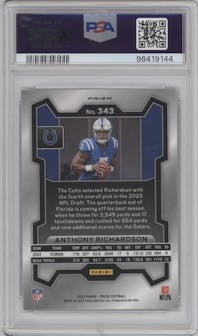 Anthony Richardson from the 2023 Panini Prizm set featuring a Purple Pulsar parallel graded by PSA and given an overall grade of 9.