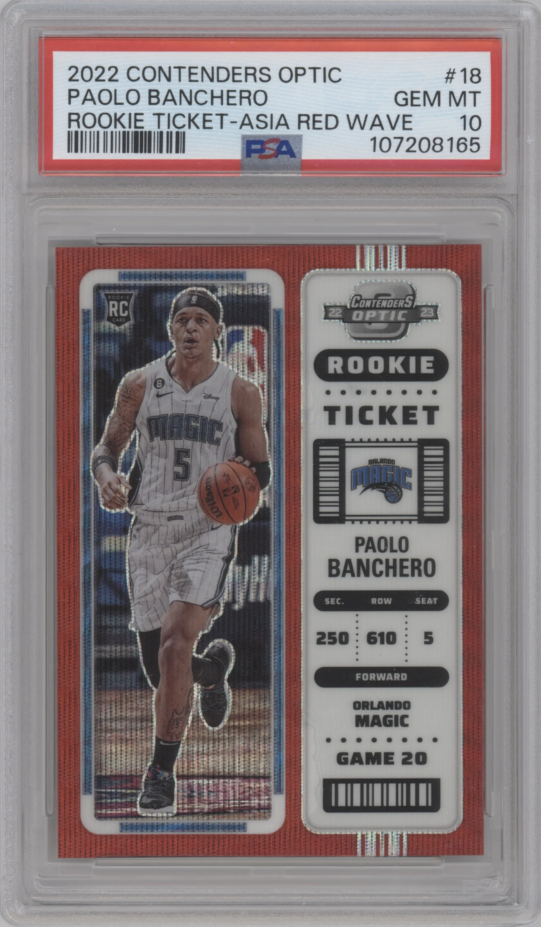 2022 Panini Contenders Optic Rke.Tkt. Paolo Banchero Asia Red Wave PSA 10