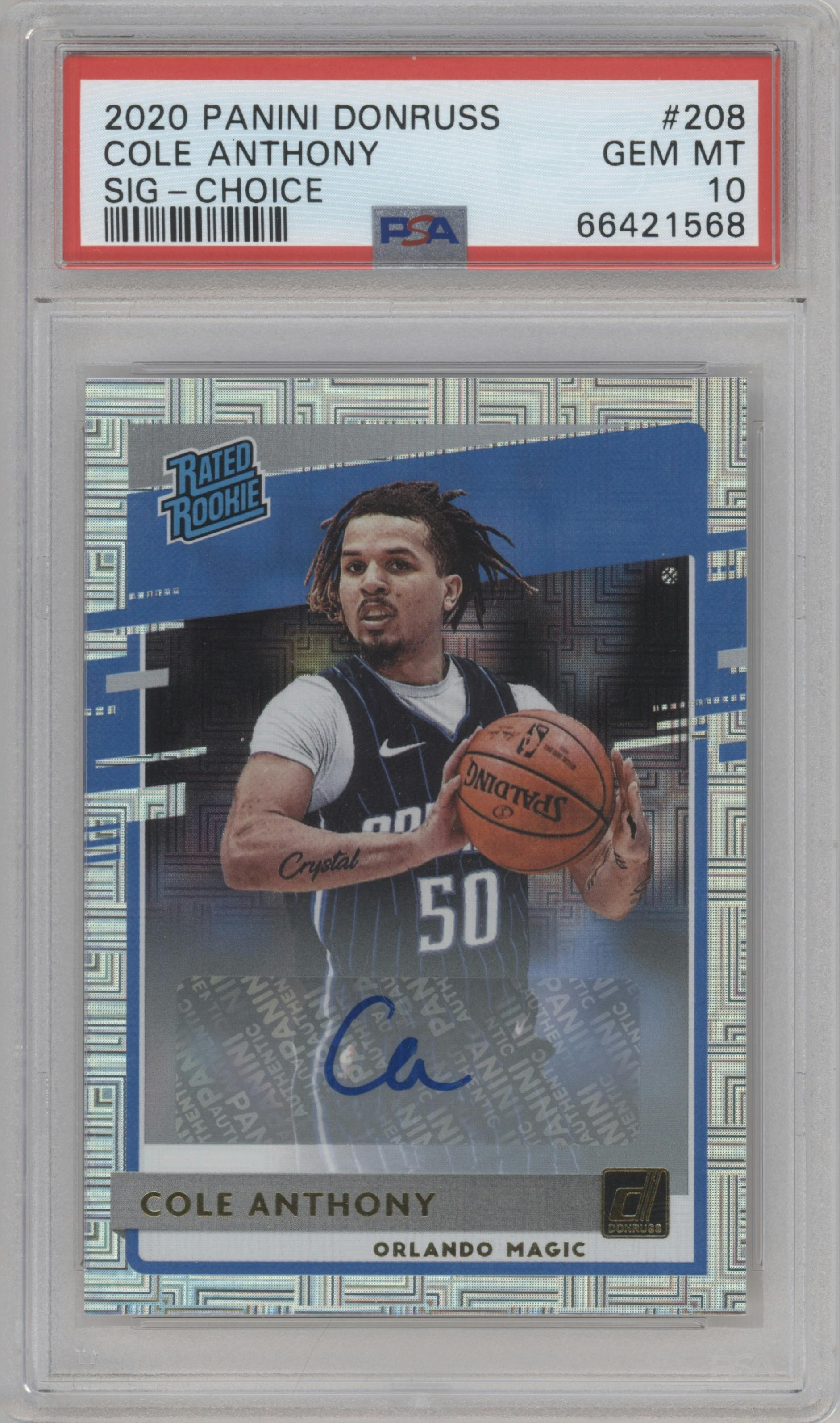 Cole Anthony from the 2020-21 Panini Donruss set featuring a Choice  parallel graded by PSA and given an overall grade of 10.
