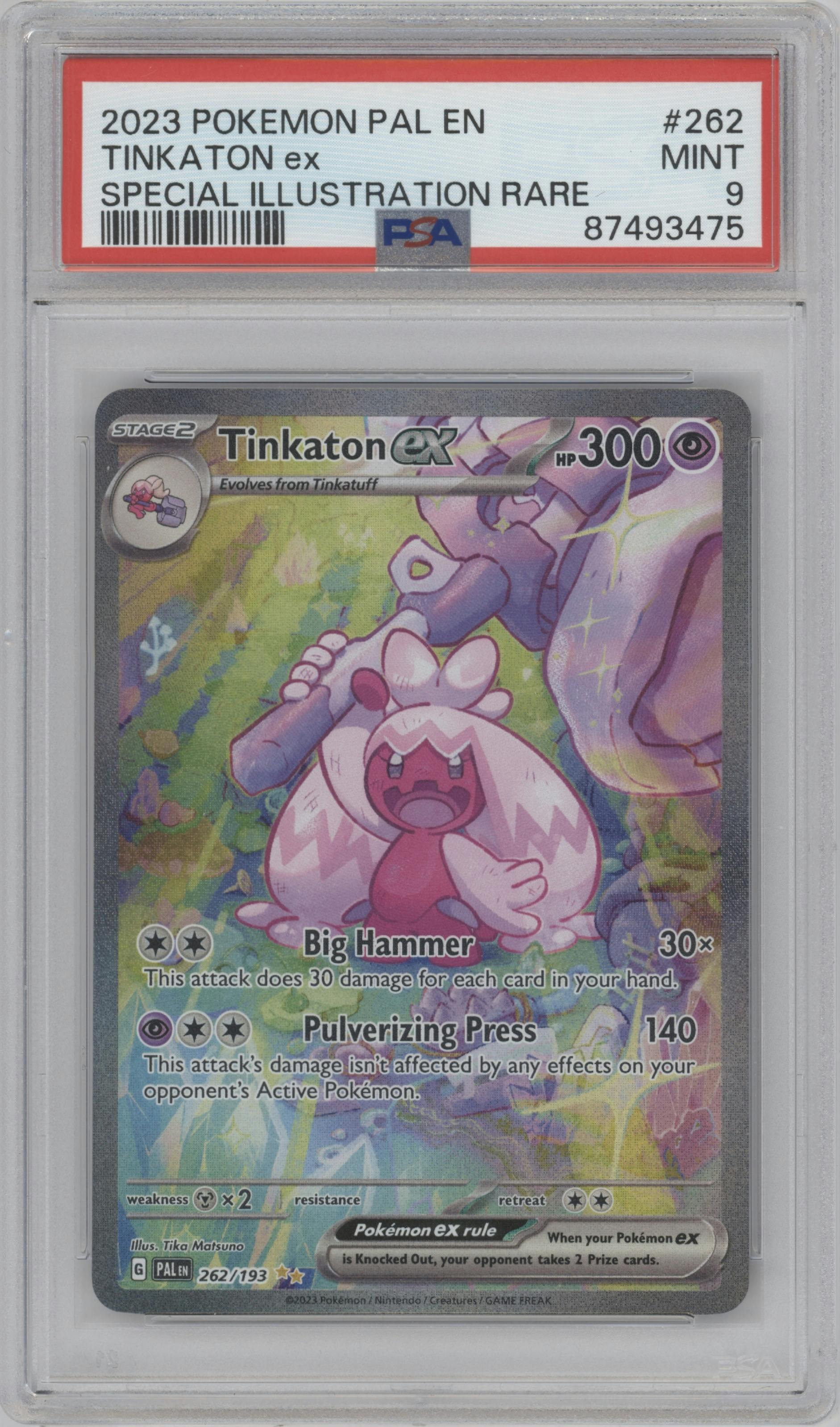 Tinkaton ex from the 2023 Pokemon SV set graded by PSA and given an overall grade of 9.