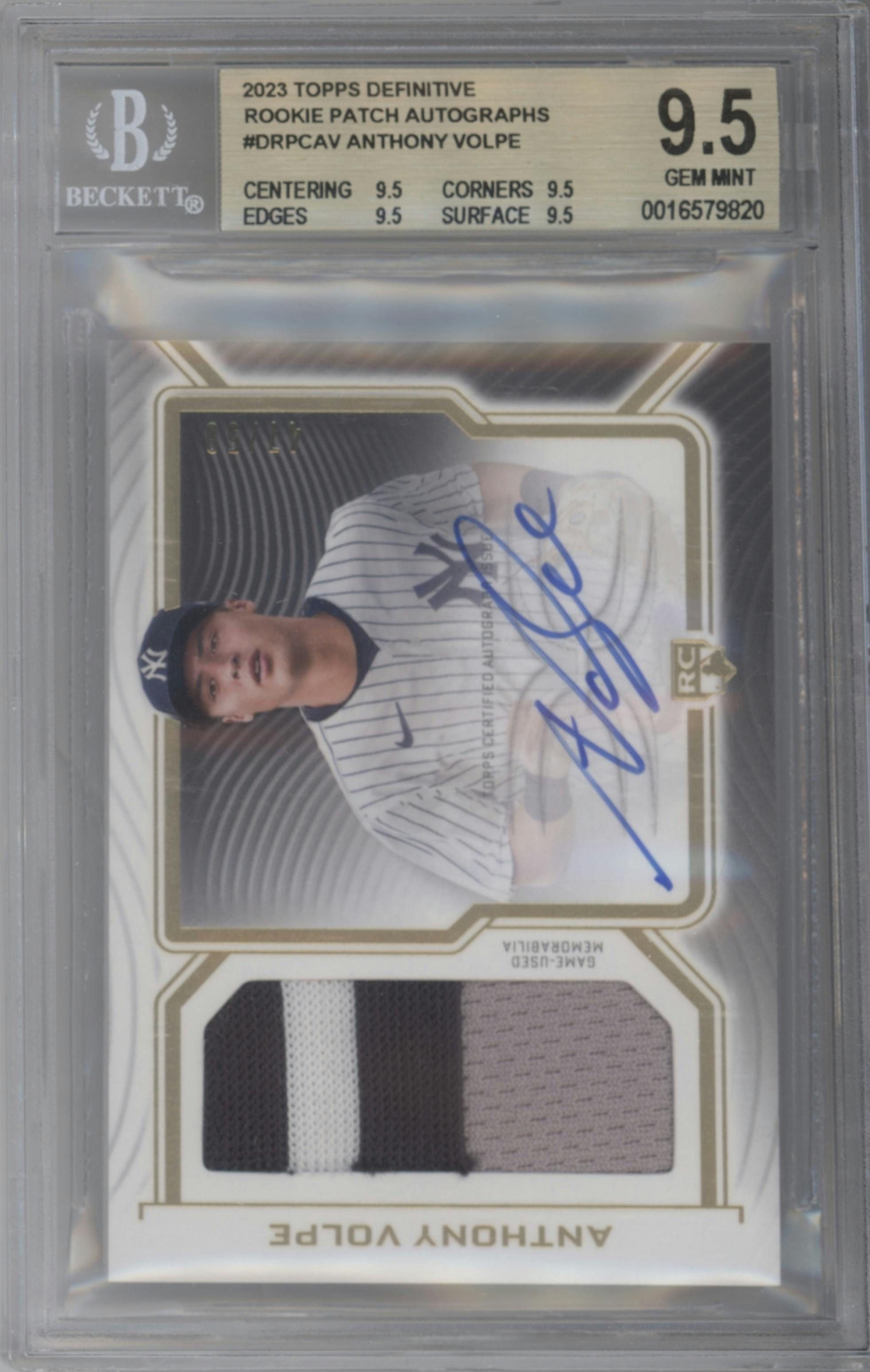 Anthony Volpe from the 2023 Topps Definitive Collection set graded by Beckett and given an overall grade of 9.5.
