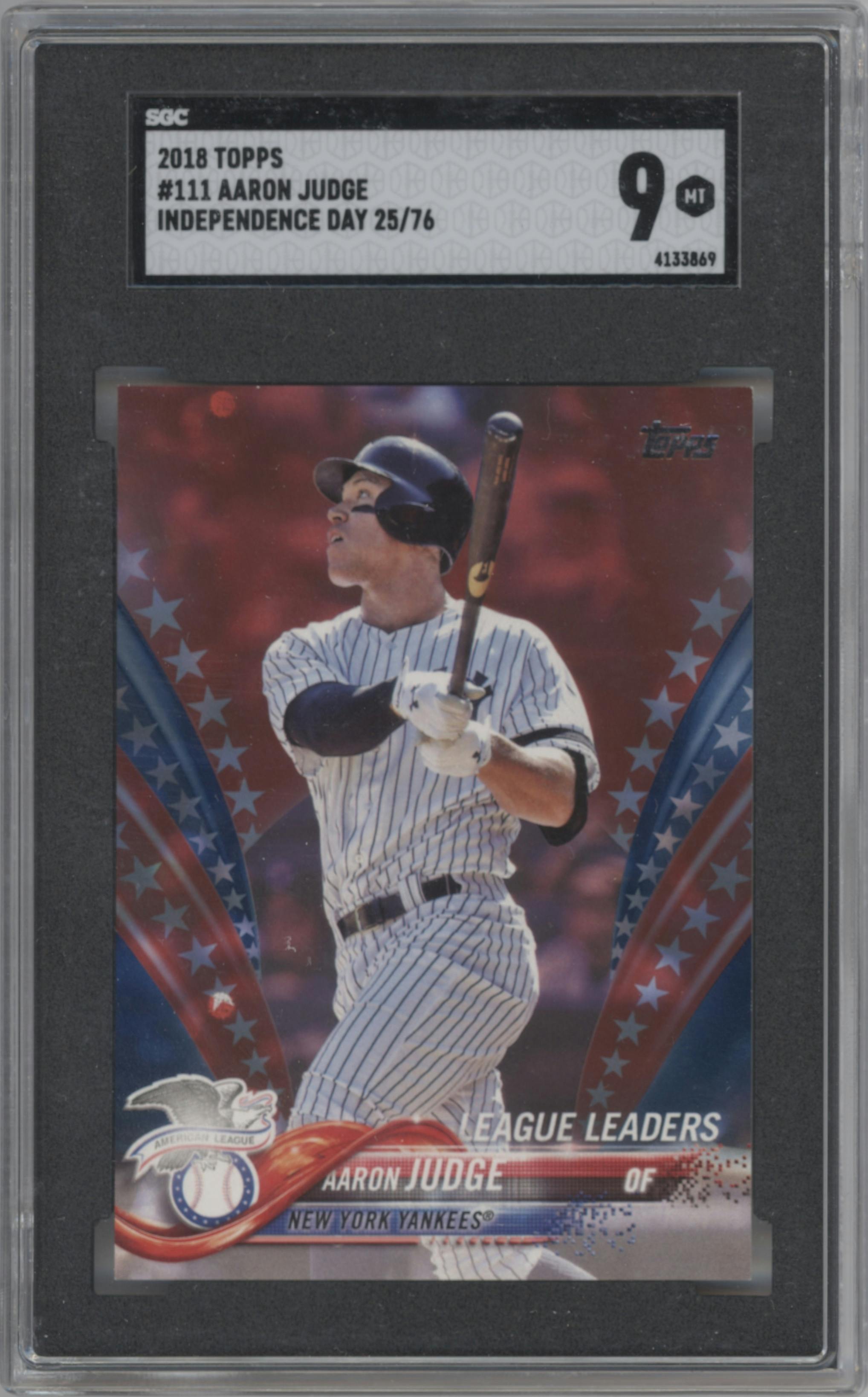 Aaron Judge from the 2018 Topps Series 1 set featuring a Independence Day parallel graded by SGC and given an overall grade of 9.