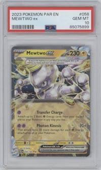 Mewtwo EX from the 2023 Pokemon SV set graded by PSA and given an overall grade of 10.