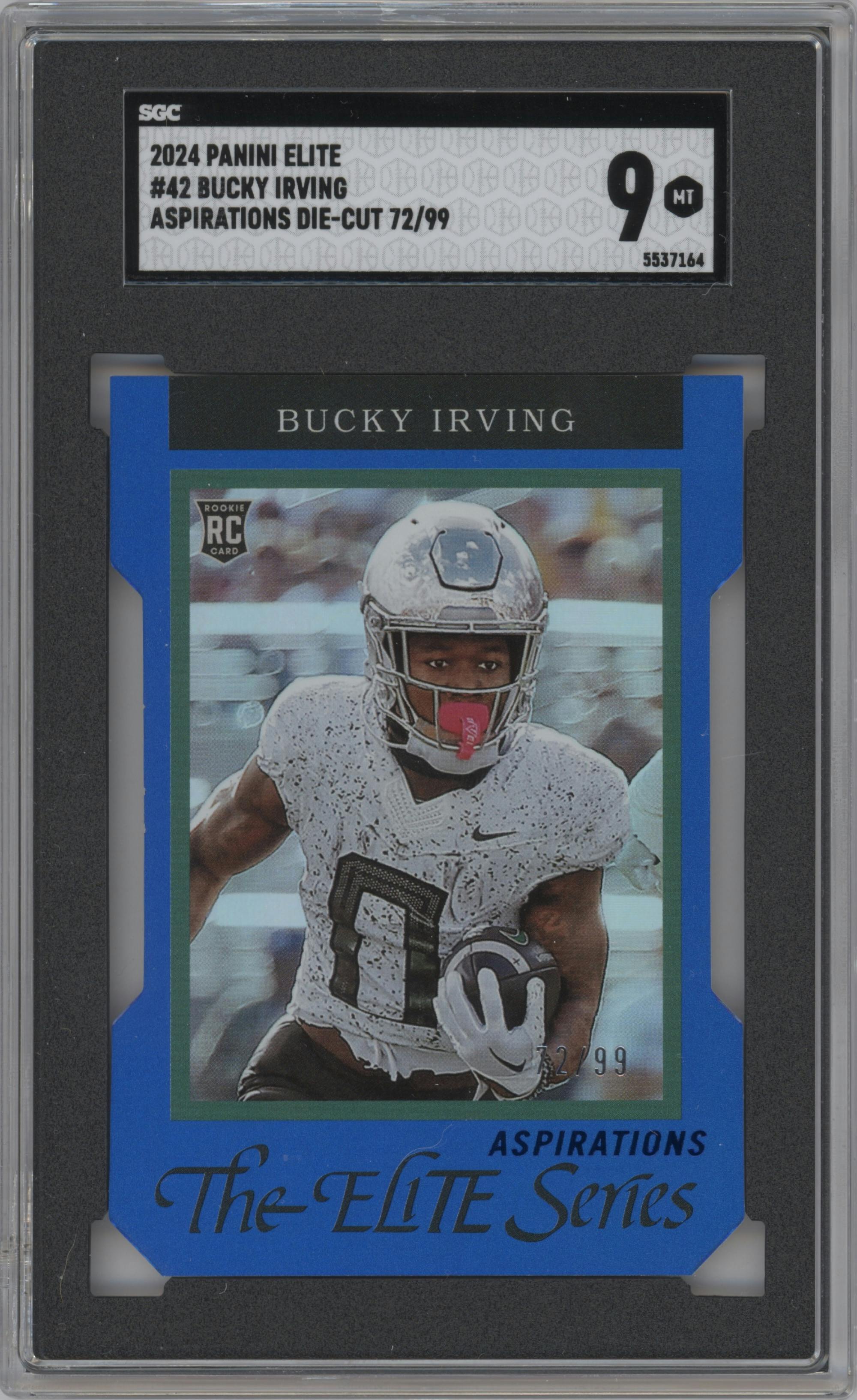 Bucky Irving from the 2024 Panini Donruss Elite set featuring a Die-Cut Aspirations parallel graded by SGC and given an overall grade of 9.