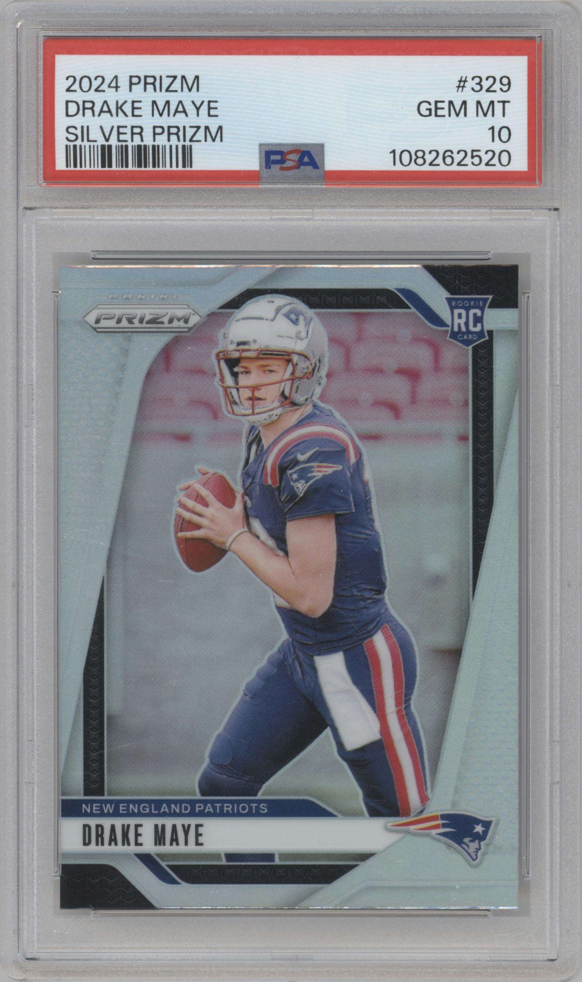 Drake Maye from the 2024 Panini Prizm set featuring a Silver Prizm parallel graded by PSA and given an overall grade of 10.