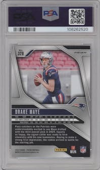Drake Maye from the 2024 Panini Prizm set featuring a Silver Prizm parallel graded by PSA and given an overall grade of 10.