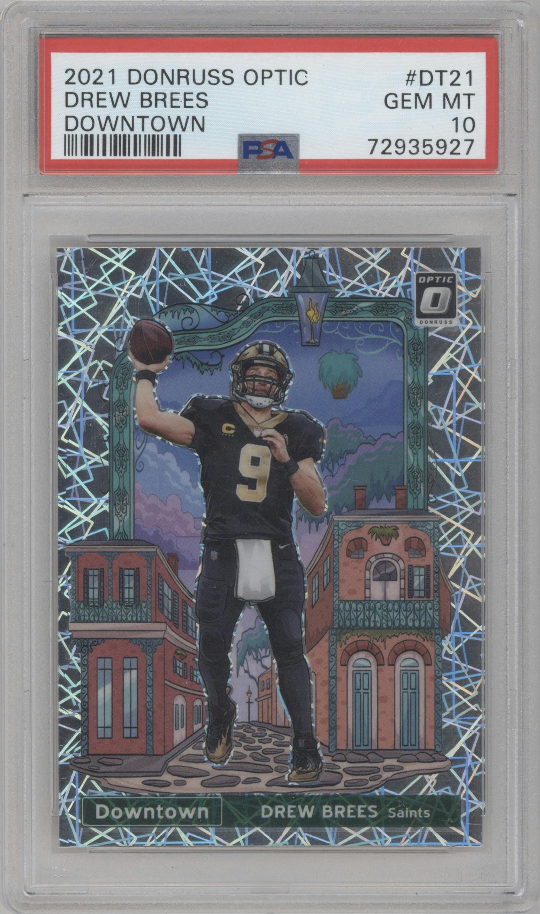 Drew Brees from the 2021 Panini Donruss Optic set graded by PSA and given an overall grade of 10.