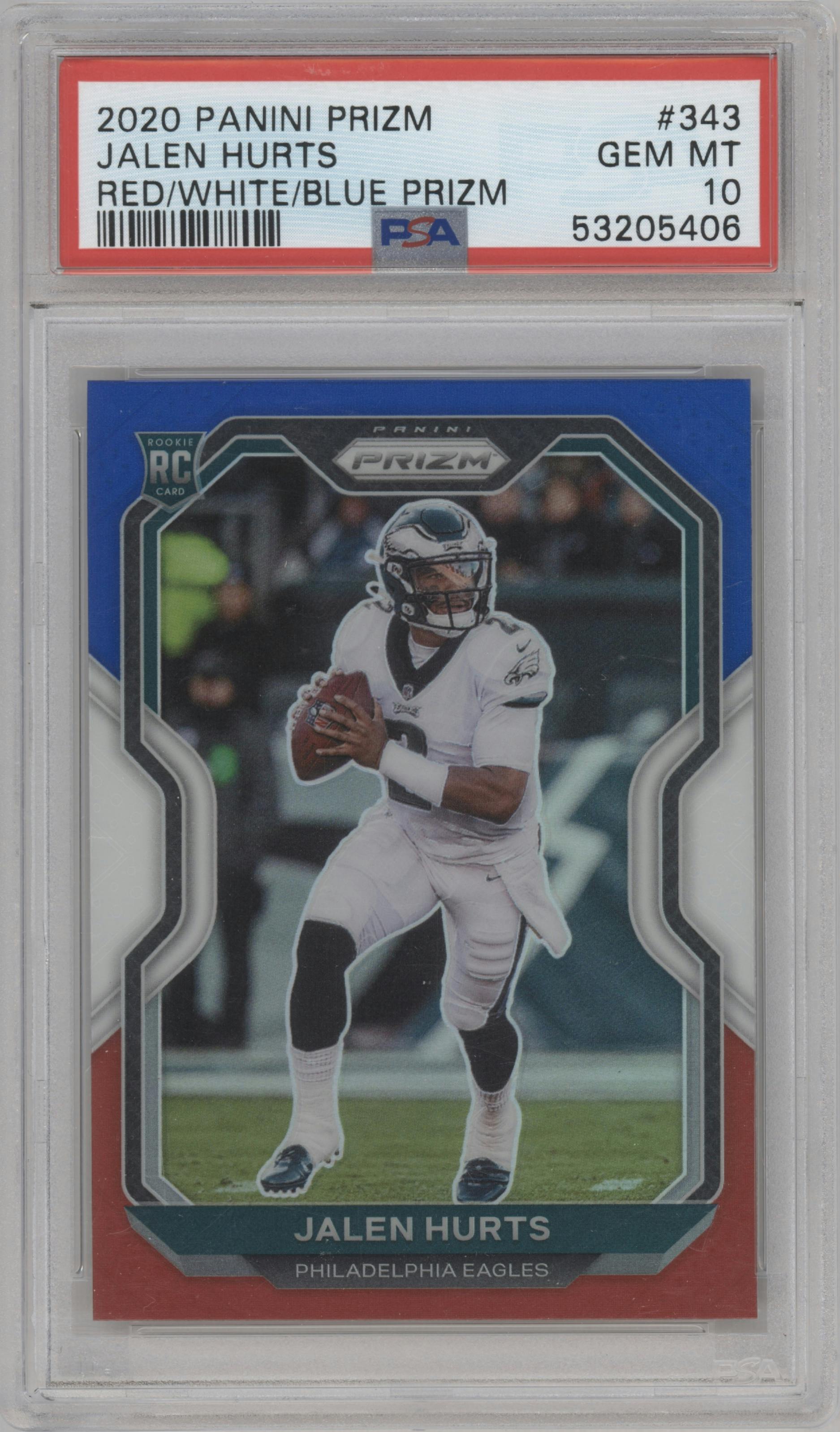 Jalen Hurts from the 2020 Panini Prizm set featuring a Red/White/Blue Prizm parallel graded by PSA and given an overall grade of 10.