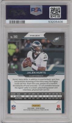 Jalen Hurts from the 2020 Panini Prizm set featuring a Red/White/Blue Prizm parallel graded by PSA and given an overall grade of 10.