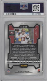 Brock Purdy from the 2023 Panini Prizm set featuring a Purple Ice parallel graded by PSA and given an overall grade of 10.