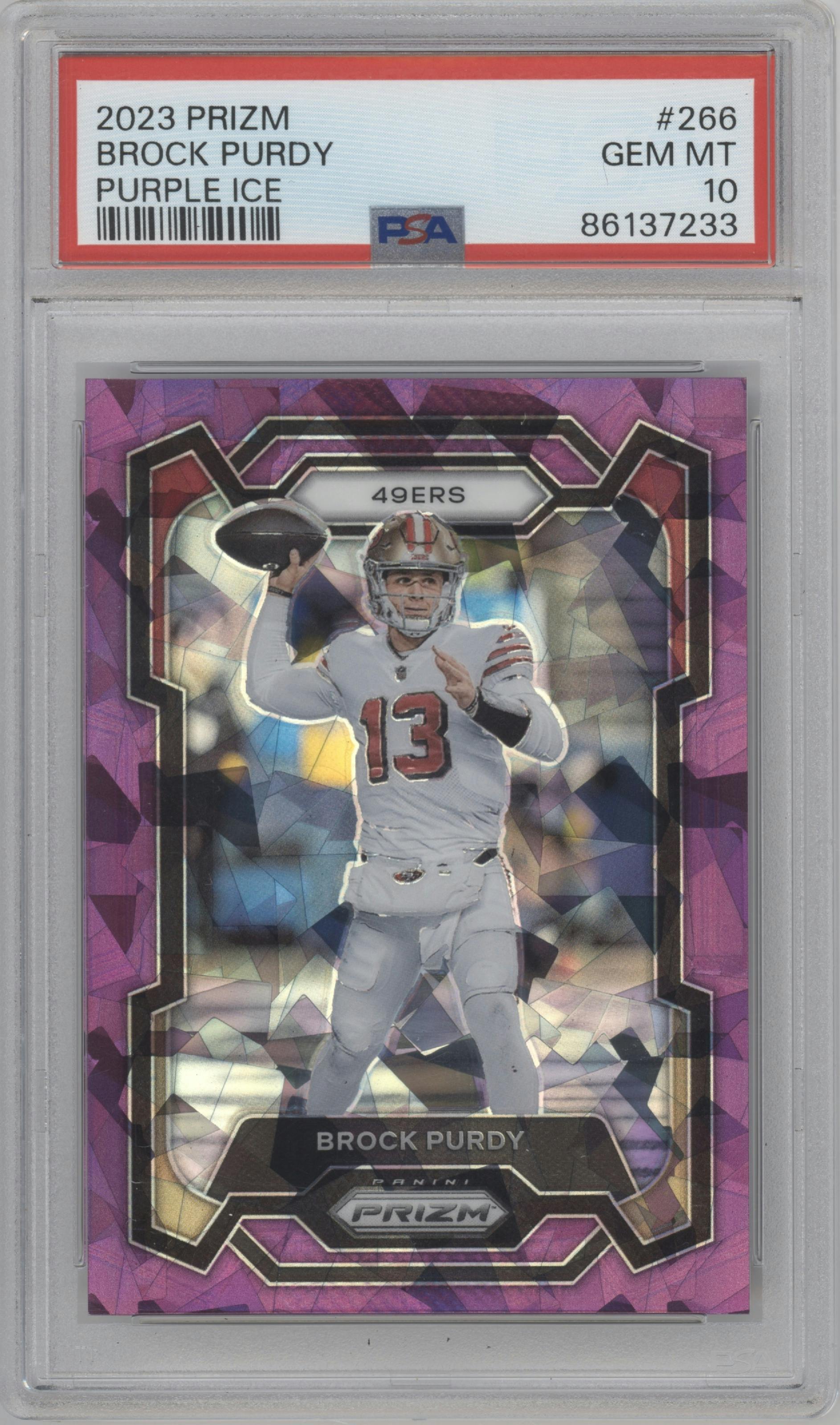Brock Purdy from the 2023 Panini Prizm set featuring a Purple Ice parallel graded by PSA and given an overall grade of 10.