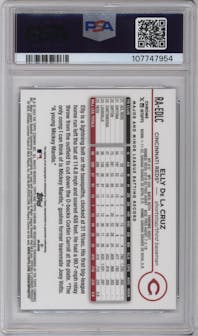 Elly De La Cruz from the 2024 Topps Chrome Update set featuring a Lava Lamp Magenta / Purple Refractor parallel graded by PSA and given an overall grade of 9.