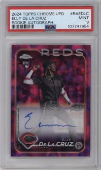 Elly De La Cruz from the 2024 Topps Chrome Update set featuring a Lava Lamp Magenta / Purple Refractor parallel graded by PSA and given an overall grade of 9.