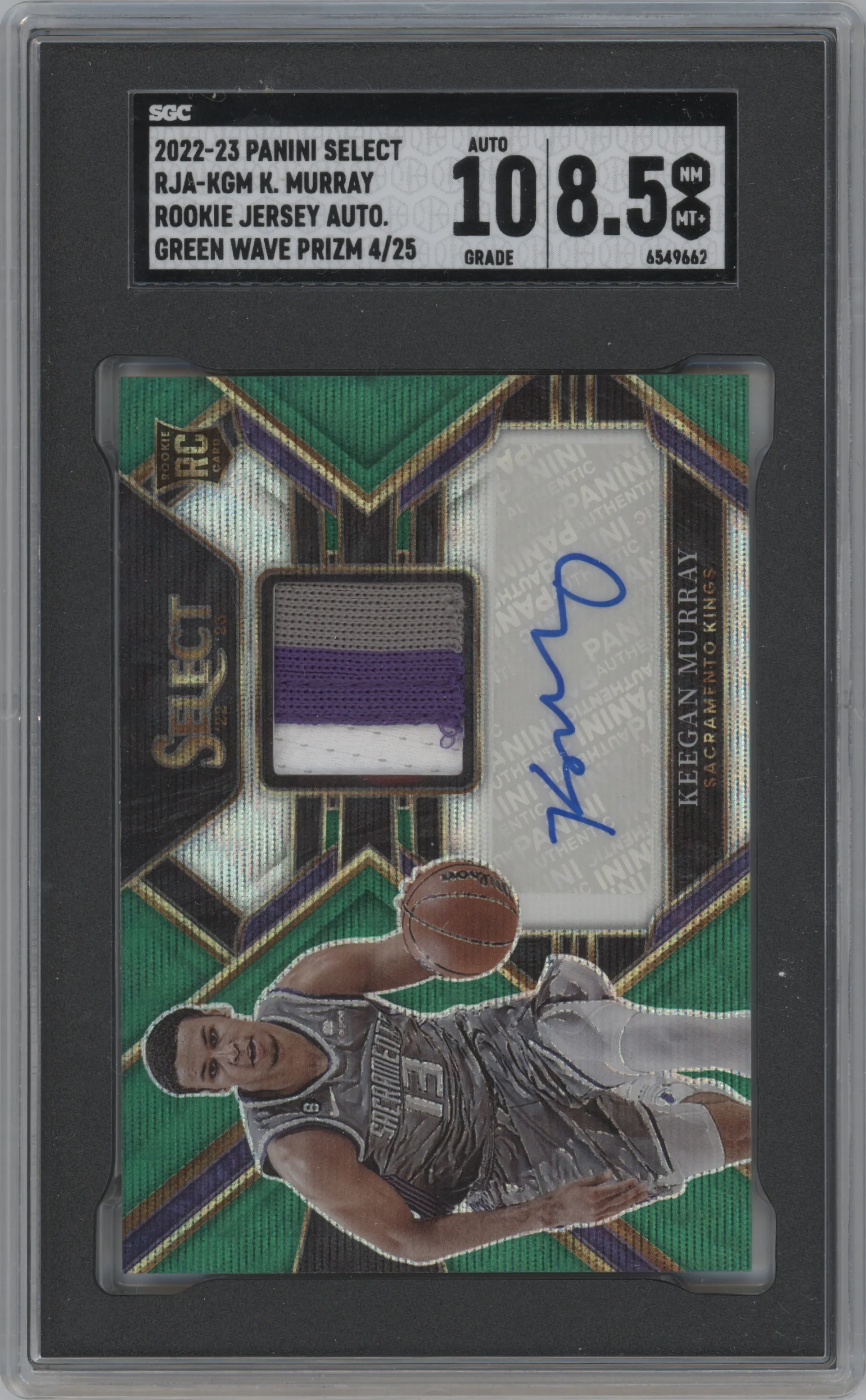 2022 Panini Select Rke.Jrsy.Auto Keegan Murray Green Wave #RJA-KGM SGC 8.5