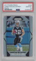Christian McCaffrey from the 2017 Panini Prizm set featuring a Prizm parallel graded by PSA and given an overall grade of 10.